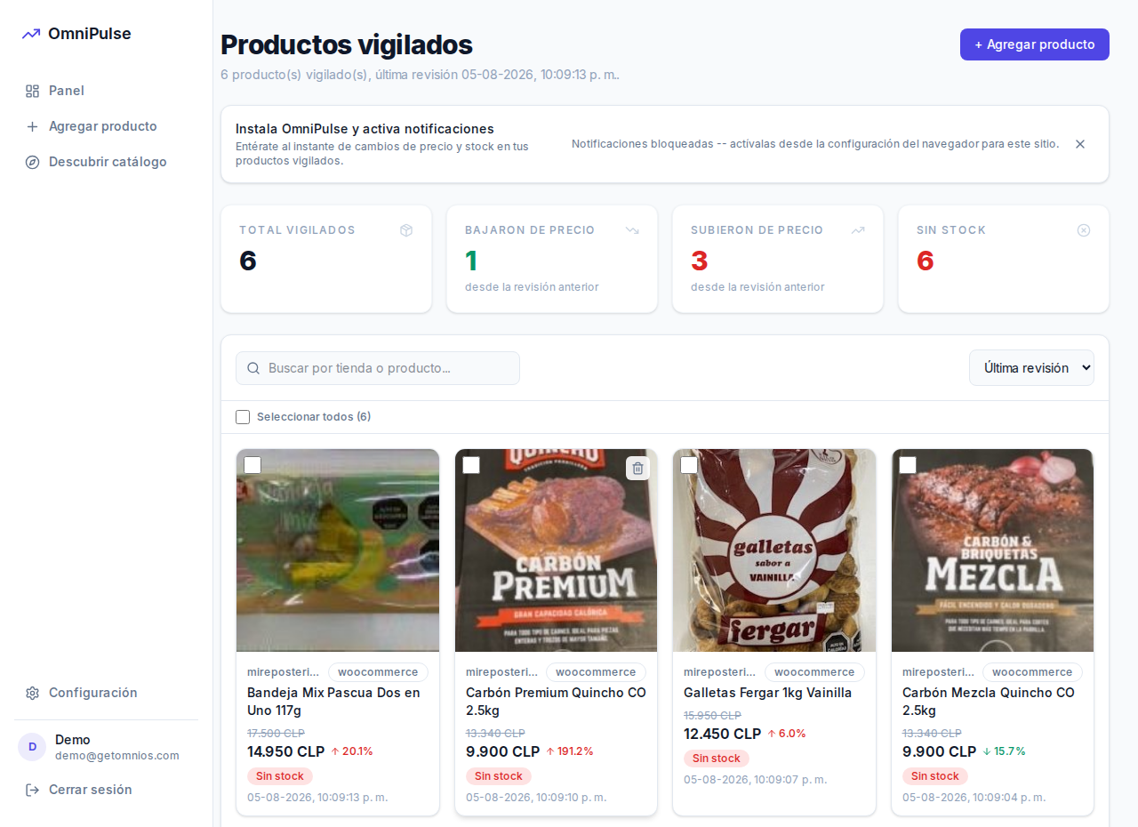 OmniPulse monitoring dashboard showing multiple competitor products with real prices and stock status