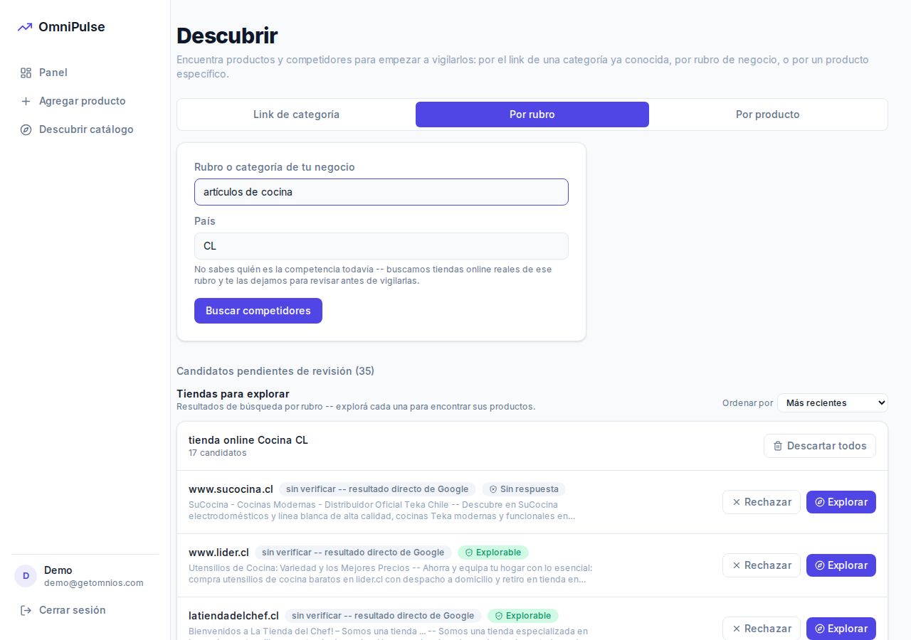 OmniPulse discovery page showing competitor stores found automatically for a business category